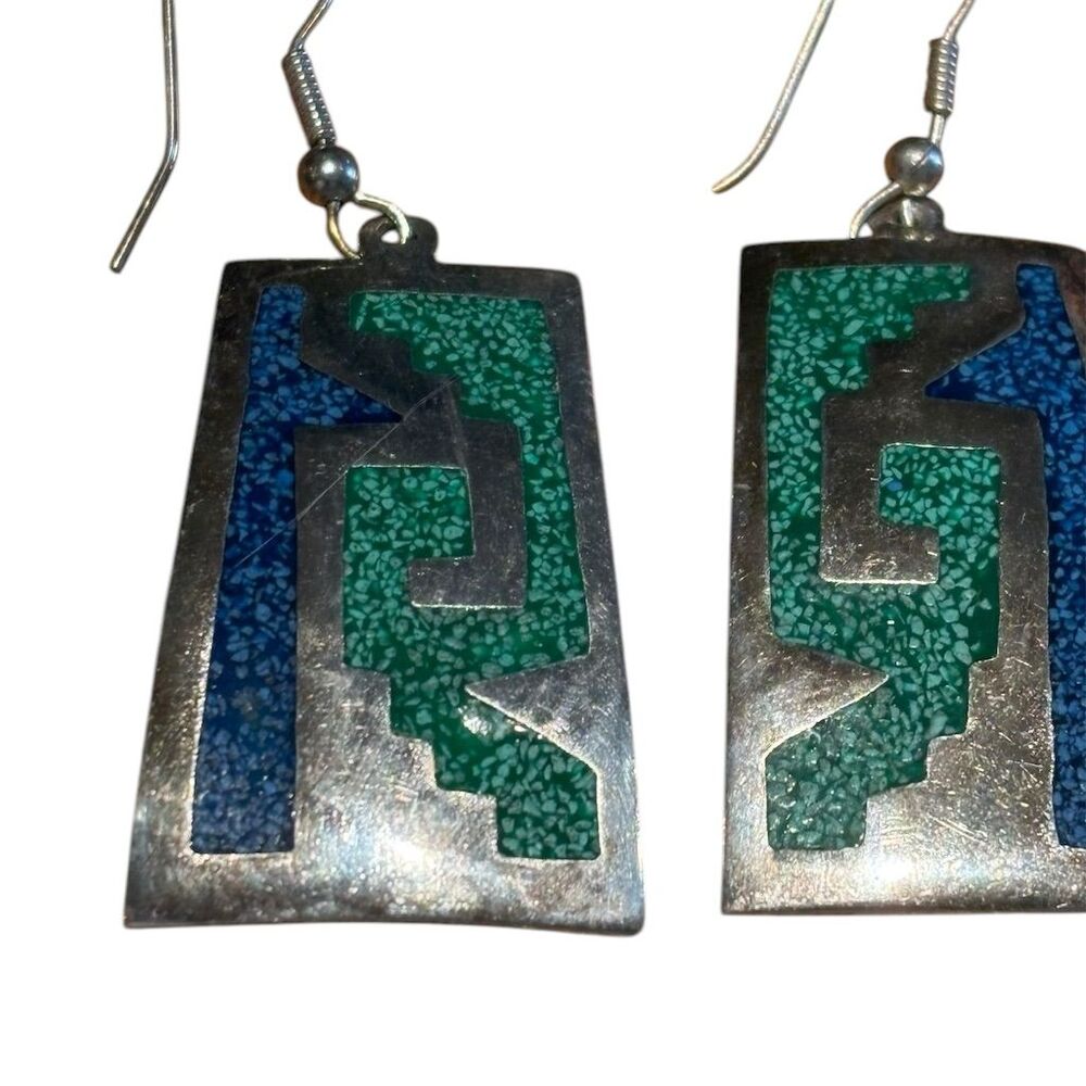 Vintage Alpaca Mexico Dangle Earrings Crushed Turquoise Inlay Silver - Picture 2 of 4